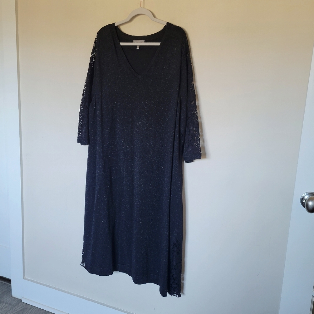 Ulla Popken Metallic Sparkle Empire Knit Lace Sleeve Dress - Picture 3 of 8